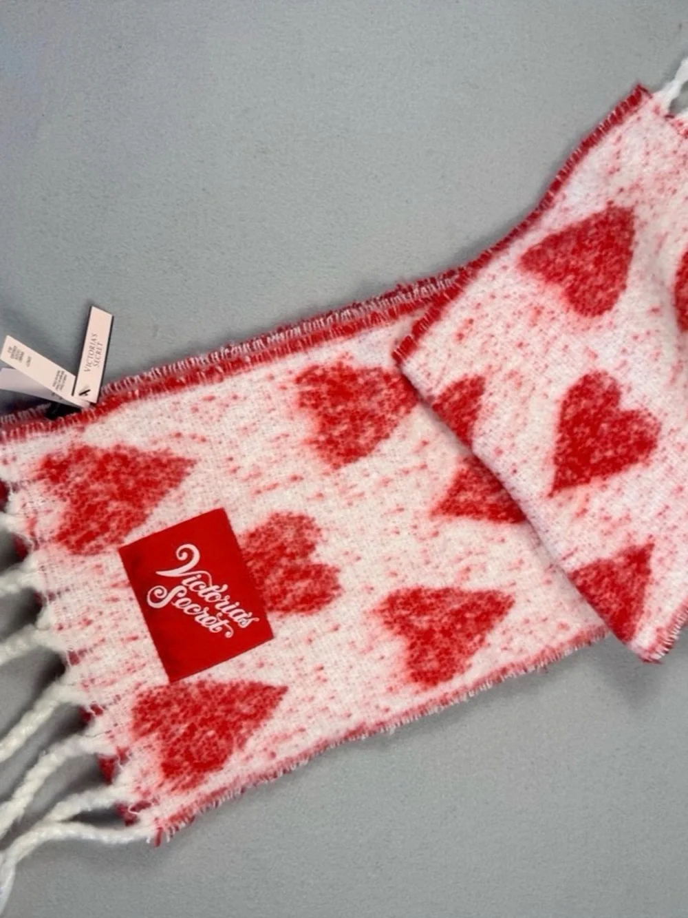 Victoria's Secret White and Red hearts Fringe Blanket Scarf